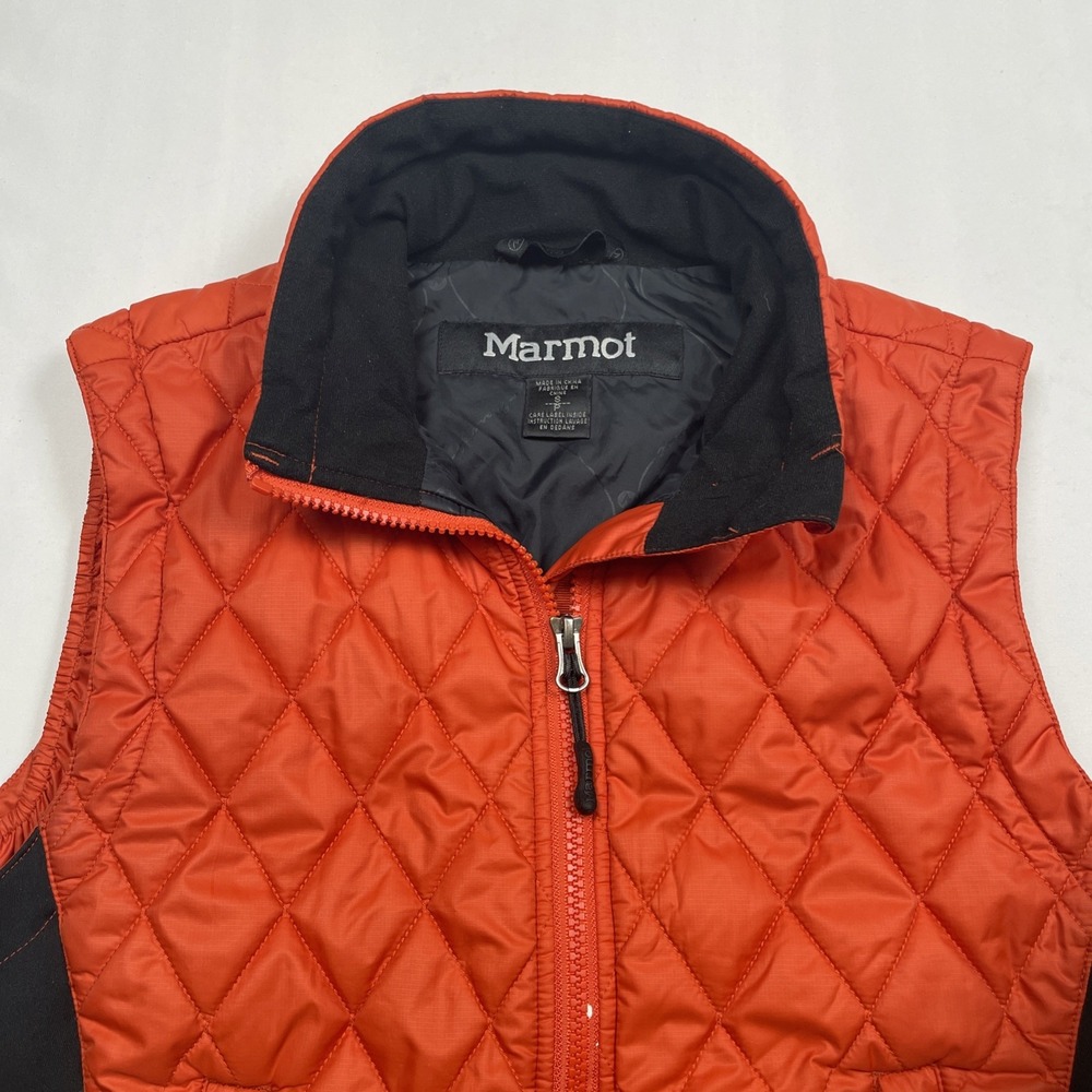 Marmot Quilted Full Zip Vest Womens Small Jacket Orange Black Diamonds Mountains
